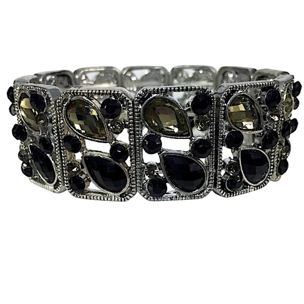 Black & Grey Rhinestone Panel Stretch Bracelet